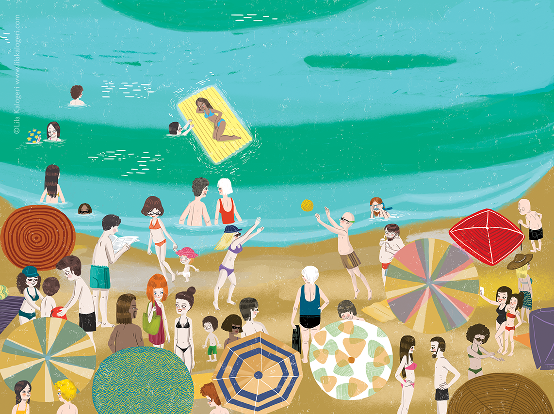 kid illustration color play beach crowded summer